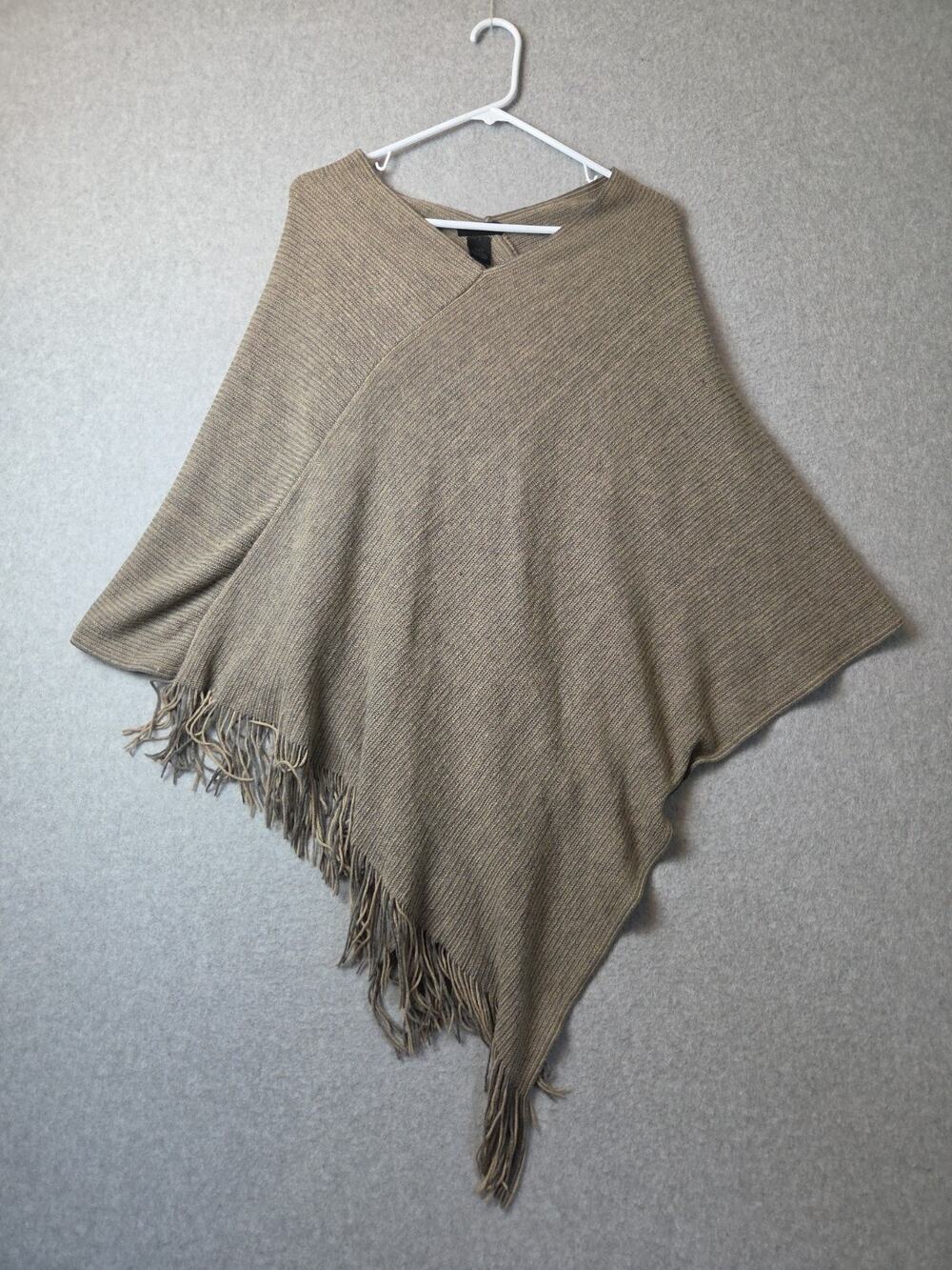 Steve Madden Gray Brown Ribbed Knit V Neck Asymmetric Fringe Poncho Women's OSFM